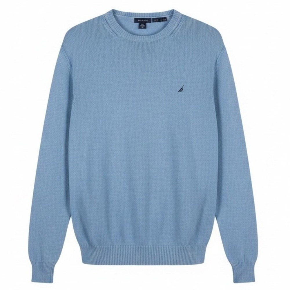 Nautica Men XL Light Blue 100% Cotton Crewneck Long Sleeve Knit Sweater Pullover